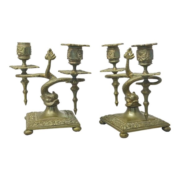 Pair of Antique Brass Asian Dragon/ Koi Fish Double Candle Holders 7" H x 8" W - Picture 1 of 12